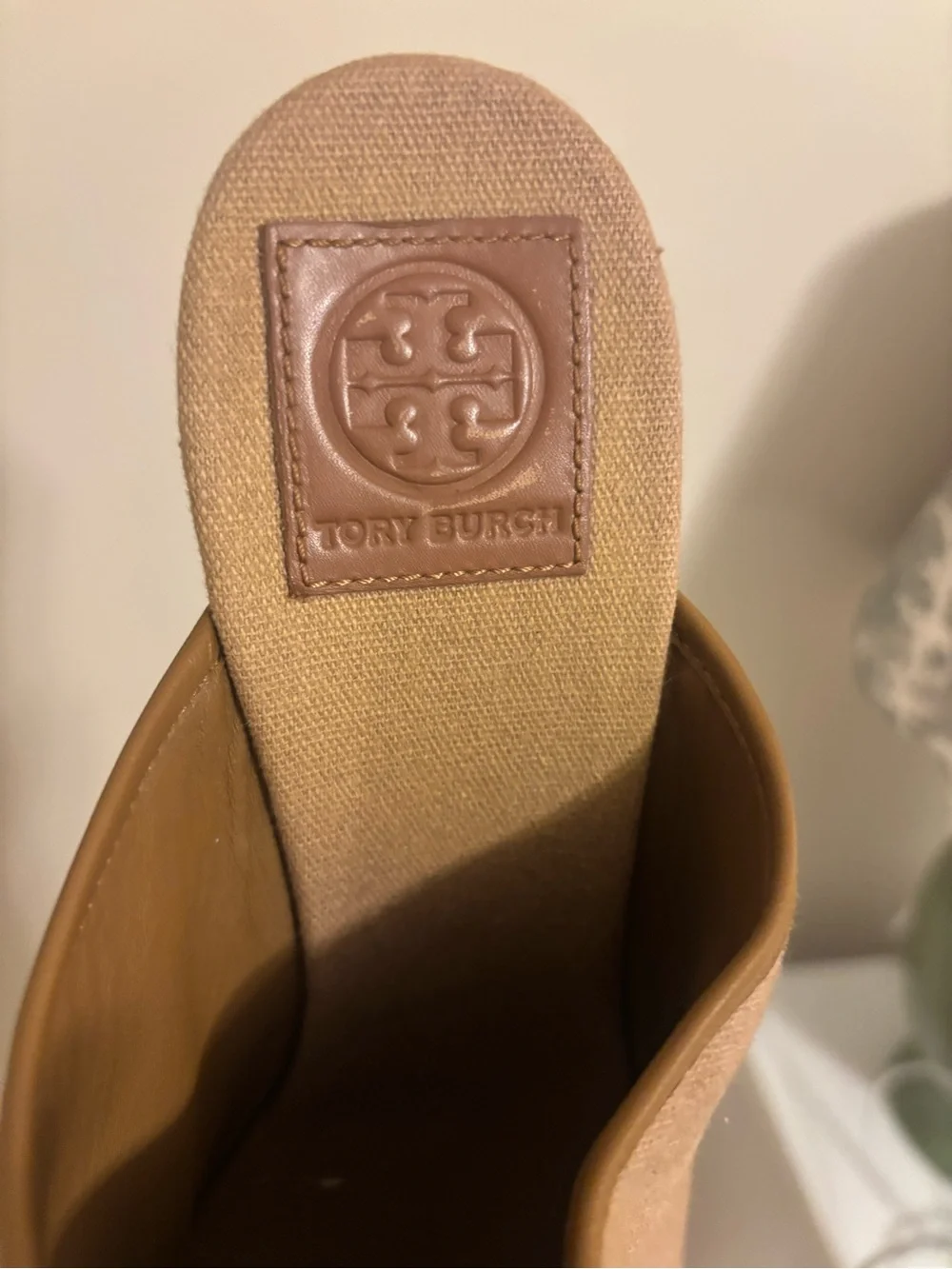 Tory Burch open toe tan brown canvas wedges